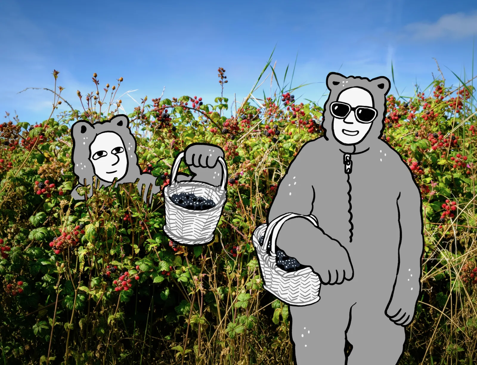 Two figures in bear suits standing in a blackberry bramble, each carrying a basket of picked berries