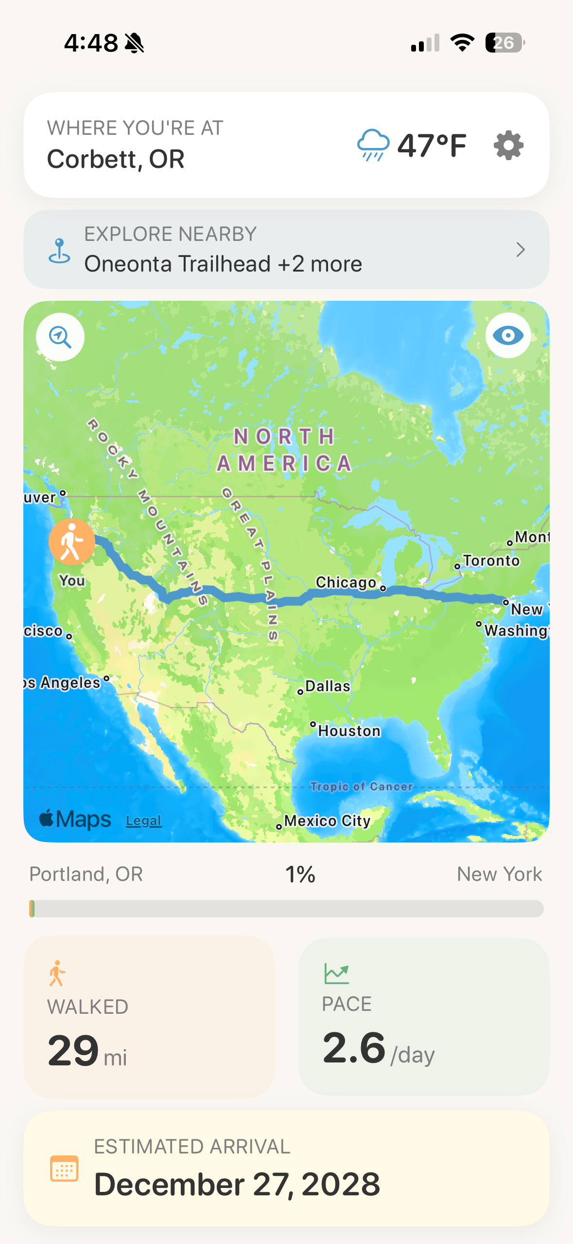 Main map view showing route from Portland to New York