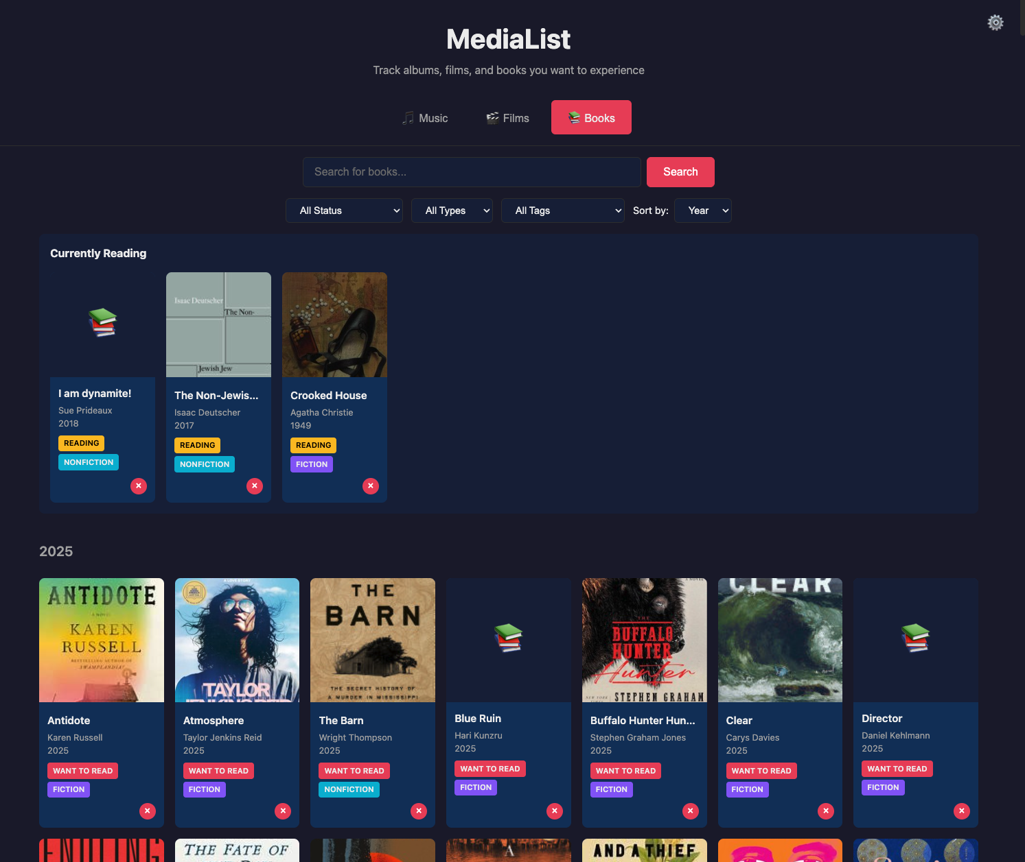 Books tab showing reading list with status and tags