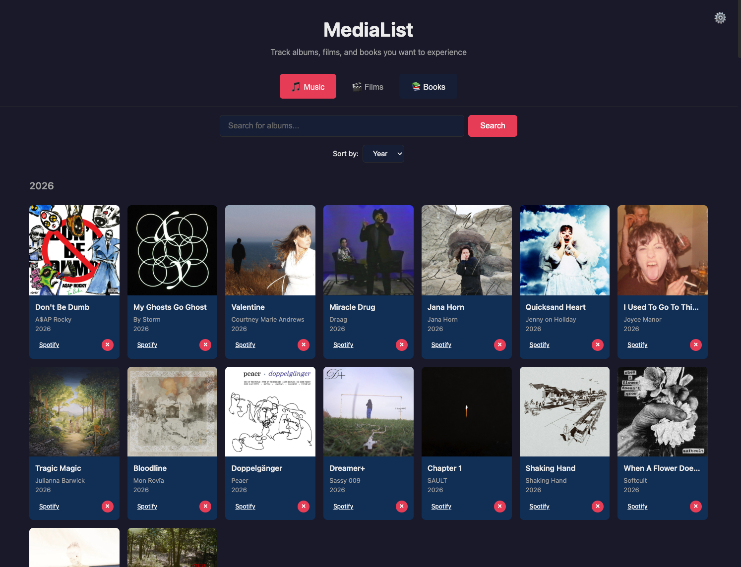 Music tab showing albums tracked via Spotify