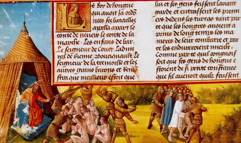 a painting from an illuminated manuscript showing an ottoman sultan ordering the execution of men while other men are led away
